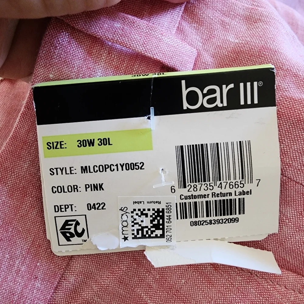 Bar lll Linen Pink Pnats Size 30w 30in Inseam New With Tags